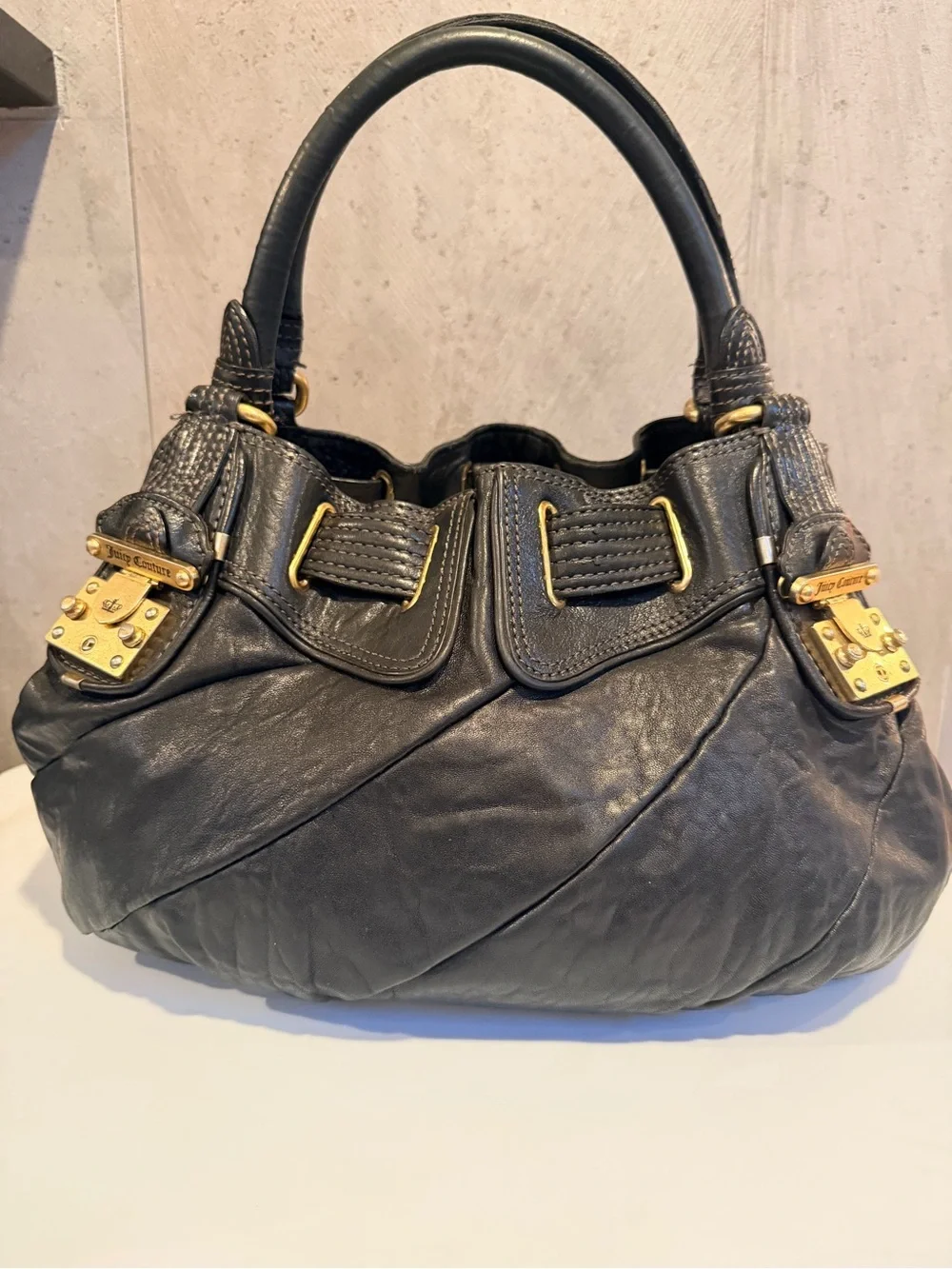 Juicy Couture Black Leather Slouchy Satchel Handbag Gold Hardware